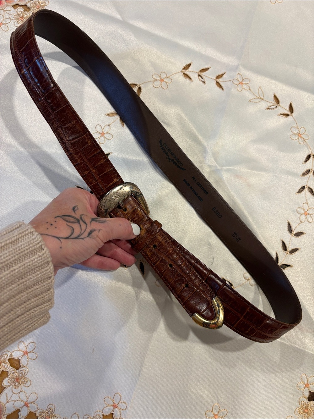 Club Monaco Brown Croc-Embossed Leather Belt with Brass Buckle